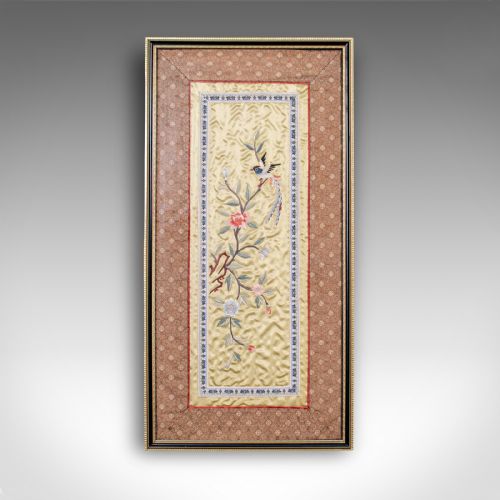 fig 1. Antique Decorative Silk Panel, Chinese, Framed Needlepoint Tapestry, Circa 1900