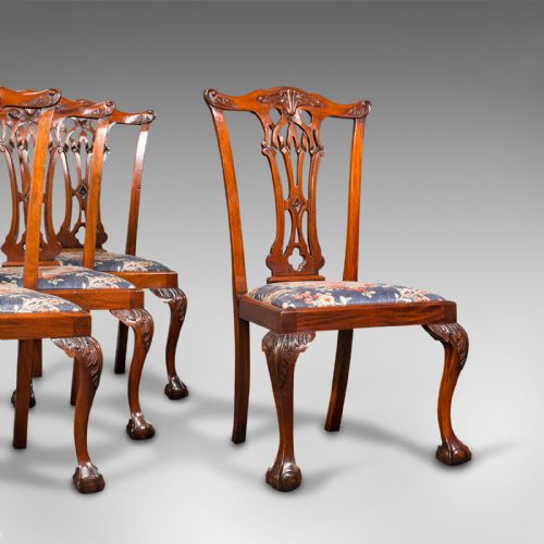 4 Antique Dining Chairs, English, Mahogany, Seat, After Chippendale, Victorian