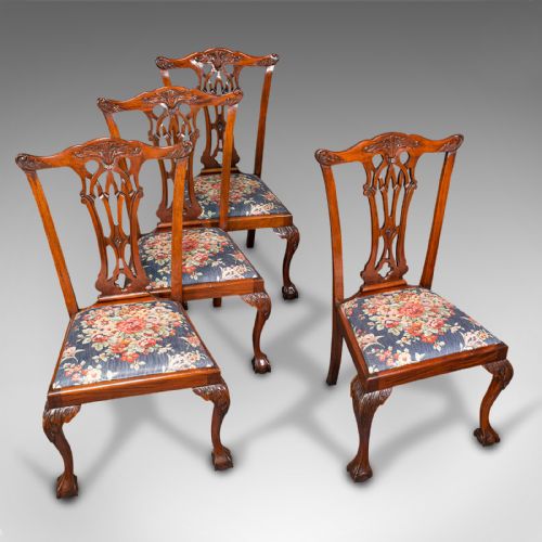 fig 4. 4 Antique Dining Chairs, English, Mahogany, Seat, After Chippendale, Victorian