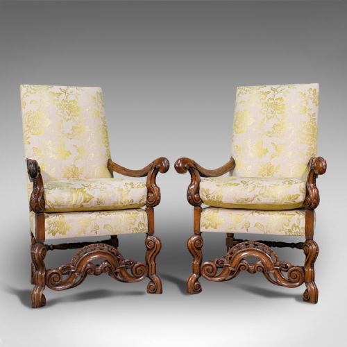 Pair of Antique Drawing Room Elbow Chairs, English, Walnut, Armchair, Georgian