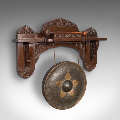 Antique Wall Gong, Indian, Oak, Dinner, Ceremonial Monastery Chime, Circa 1900