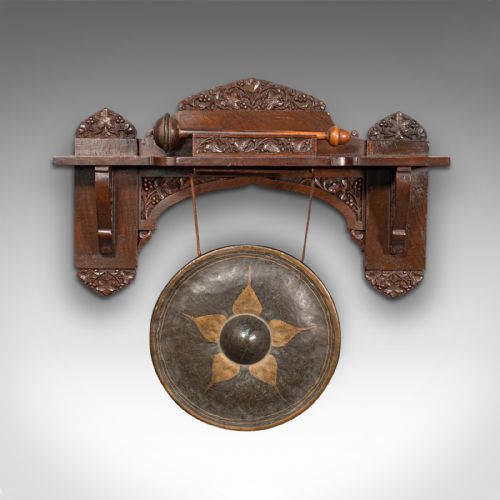 fig 1. Antique Wall Gong, Indian, Oak, Dinner, Ceremonial Monastery Chime, Circa 1900