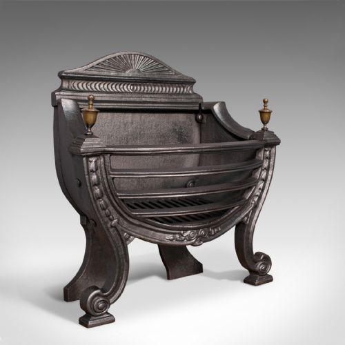 Antique Fire Basket, English, Ornate Cast Iron, Fireplace, Victorian, Circa 1900
