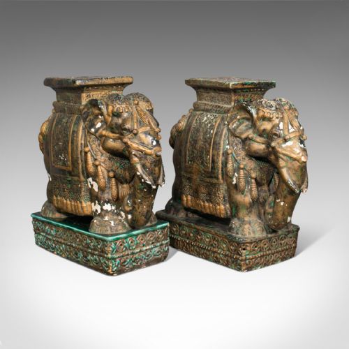 Pair Of, Antique Decorative Elephant Side Table, Indian, Ceramic, Occasional