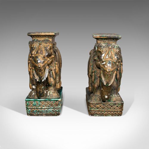 fig 1. Pair Of, Antique Decorative Elephant Side Table, Indian, Ceramic, Occasional