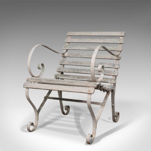 fig 2. Antique Garden Seat, English, Wrought Iron, Slatted, Outdoor Chair, Victorian