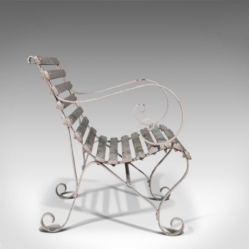 fig 4. Antique Garden Seat, English, Wrought Iron, Slatted, Outdoor Chair, Victorian