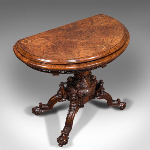 fig 5. Antique Card Table, English, Walnut, Inlay, Folding, Bridge, Games, Victorian