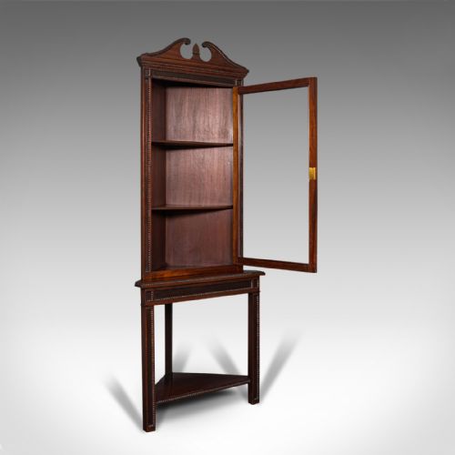 fig 1. Tall Antique Corner Cabinet On Stand, English, Mahogany, Display Cupboard, 1900