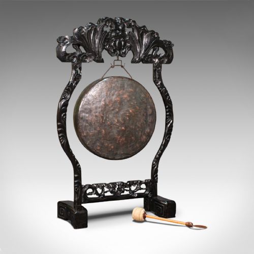 Antique Dinner Gong, Oriental, Ebonised Teak Stand, Chinoiserie, Victorian, 1880