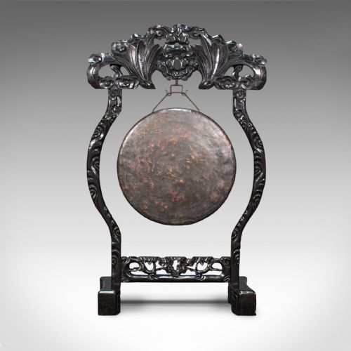 fig 1. Antique Dinner Gong, Oriental, Ebonised Teak Stand, Chinoiserie, Victorian, 1880