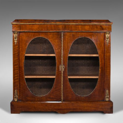 fig 1. Antique Display Bookcase, English, Walnut, Boxwood, Empire, Cabinet, Regency