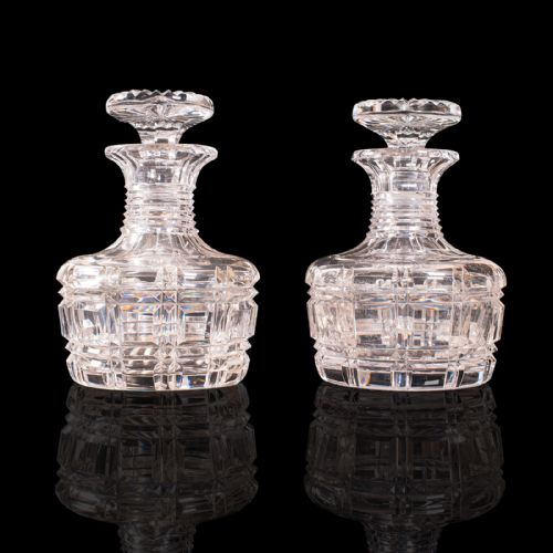 fig 1. Pair, Antique Sherry Decanters, English, Glass, Spirit, Liquor Flask, Edwardian