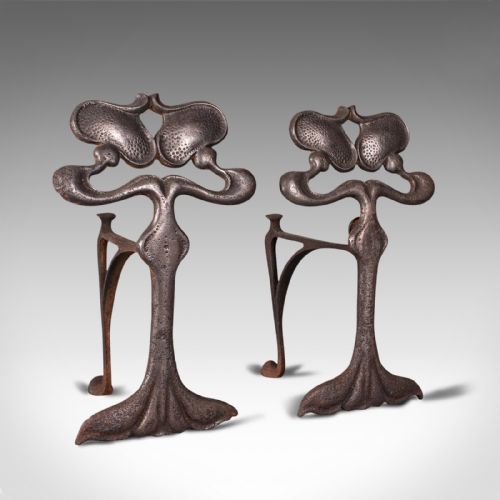 Pair of Antique Andirons, French, Iron, Fire Dogs, Tool Rest, Art Nouveau, 1900
