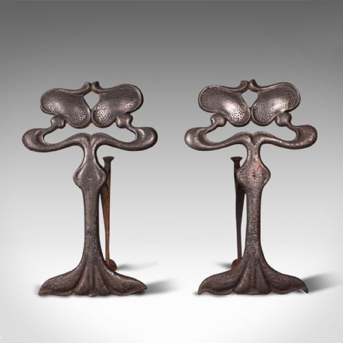 fig 1. Pair Of Antique Andirons, French, Iron, Fire Dogs, Tool Rest, Art Nouveau, 1900