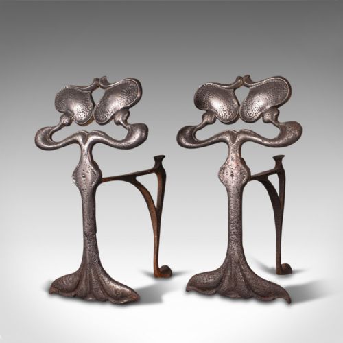 fig 3. Pair Of Antique Andirons, French, Iron, Fire Dogs, Tool Rest, Art Nouveau, 1900
