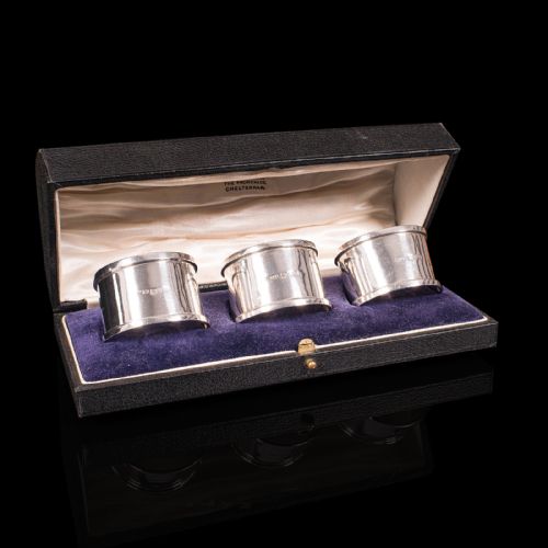 fig 1. Antique Set Of Napkin Rings, English, Silver, Tableware, Hallmark, Chester, 1921
