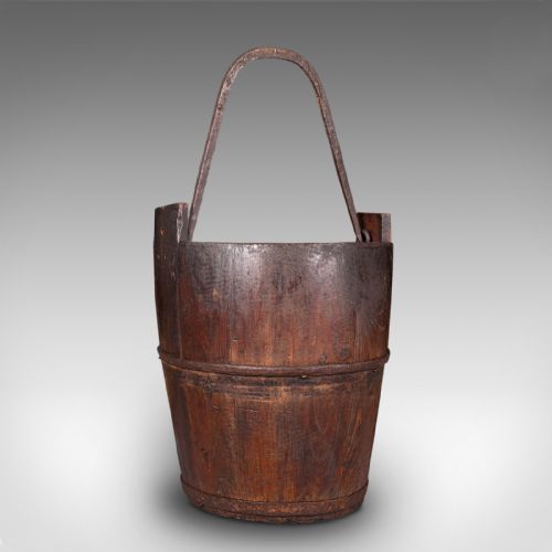 Antique Well Bucket, English, Fruitwood, Wrought Iron, Fireside Bin, Georgian