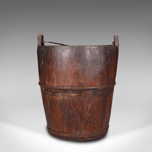 fig 1. Antique Well Bucket, English, Fruitwood, Wrought Iron, Fireside Bin, Georgian