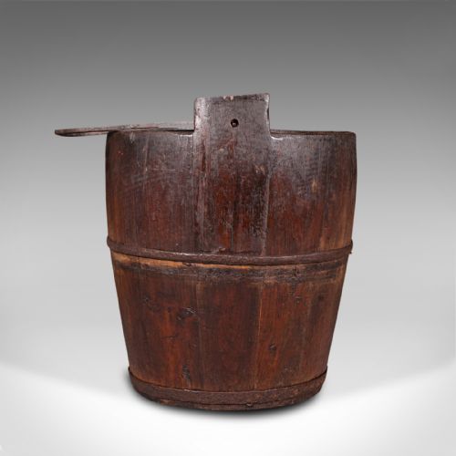 fig 2. Antique Well Bucket, English, Fruitwood, Wrought Iron, Fireside Bin, Georgian