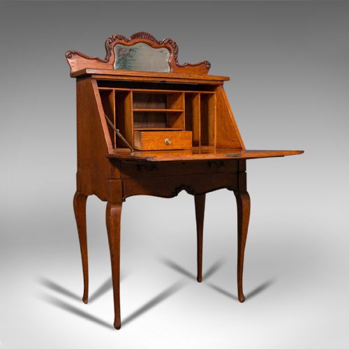 fig 1. Small Antique Ladies Writing Desk, French, Oak, Bureau, Mirror, Victorian, 1900