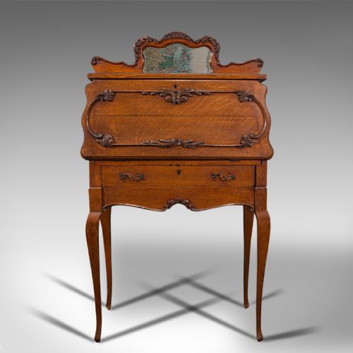fig 2. Small Antique Ladies Writing Desk, French, Oak, Bureau, Mirror, Victorian, 1900