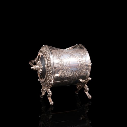 fig 1. Antique Engraved Biscuit Barrel, Silver Plate, Decorative Jar, Victorian, C.1860