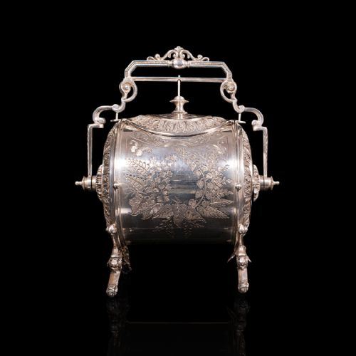 fig 2. Antique Engraved Biscuit Barrel, Silver Plate, Decorative Jar, Victorian, C.1860