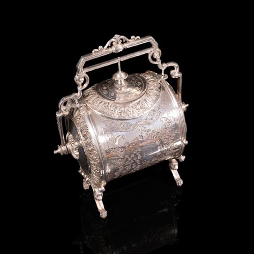 fig 3. Antique Engraved Biscuit Barrel, Silver Plate, Decorative Jar, Victorian, C.1860