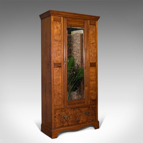 Antique Wardrobe, English, Pitch Pine, Closet, Dressing Mirror, Victorian, 1900