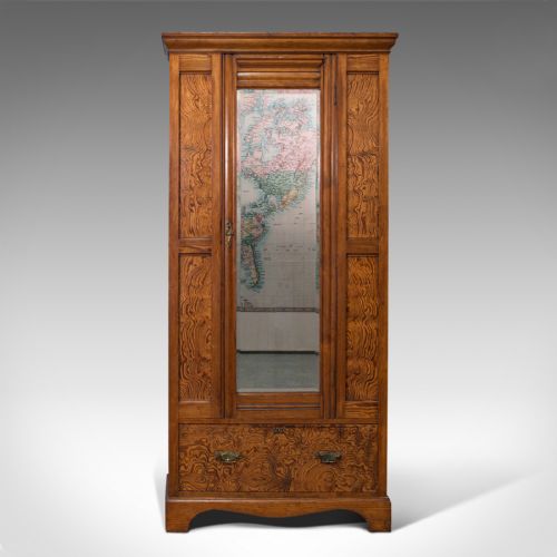 fig 1. Antique Wardrobe, English, Pitch Pine, Closet, Dressing Mirror, Victorian, 1900