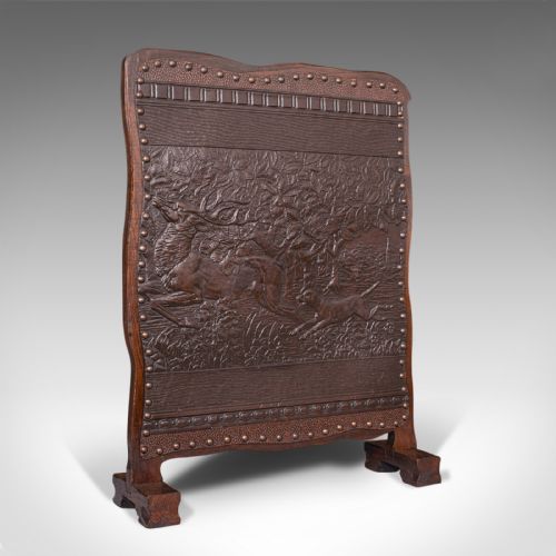 Antique Embossed Fire Screen, Oak, Leather, Fireside, Arts and Crafts, Edwardian