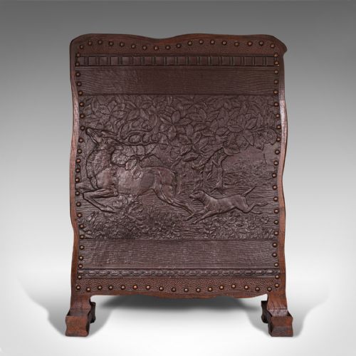 fig 1. Antique Embossed Fire Screen, Oak, Leather, Fireside, Arts And Crafts, Edwardian