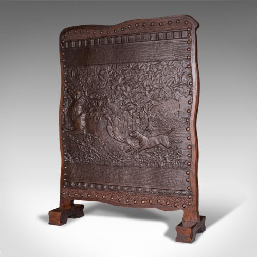 fig 2. Antique Embossed Fire Screen, Oak, Leather, Fireside, Arts And Crafts, Edwardian