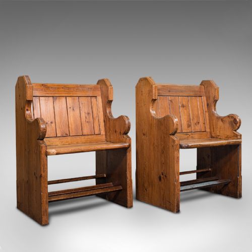Pair of Antique Hall Seats, English, Pine, Reception, Conservatory, Victorian