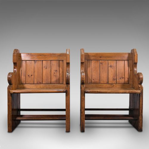 fig 1. Pair Of Antique Hall Seats, English, Pine, Reception, Conservatory, Victorian