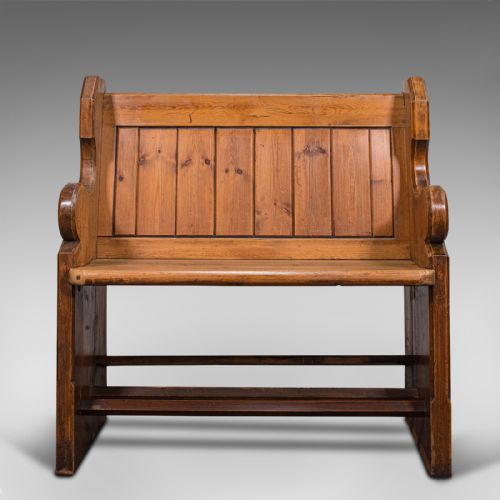 fig 1. Antique Love Seat, English, Pine, Hallway Bench, Pew, Ecclesiastic, Victorian
