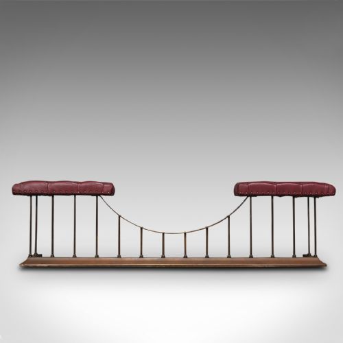 fig 1. Antique Fender Seat, English, Brass, Leather, Fireside Bench, Victorian, C.1880