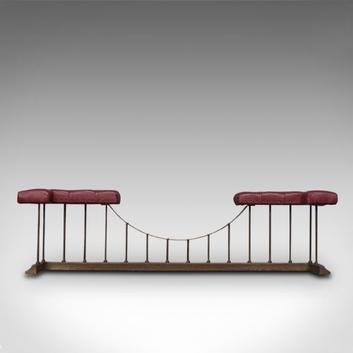 fig 4. Antique Fender Seat, English, Brass, Leather, Fireside Bench, Victorian, C.1880
