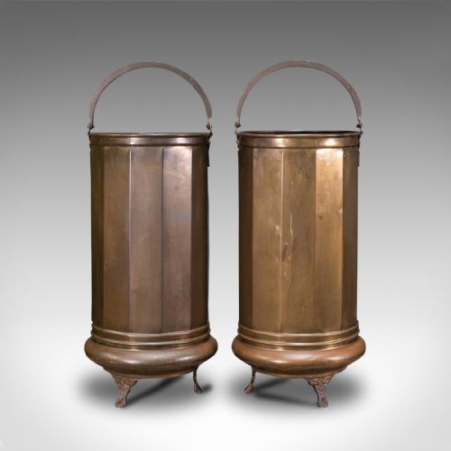 fig 1. Pair Of, Antique Stick Stands, Brass, Umbrella Rack, Fireside Bin, Victorian