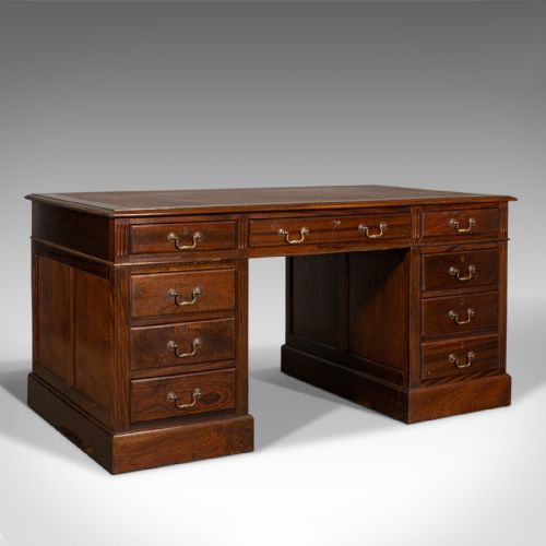 Antique Partner's Desk, English, Mahogany, Leather, Writing Table, Edwardian