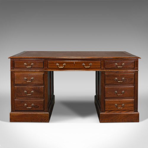 fig 1. Antique Partner's Desk, English, Mahogany, Leather, Writing Table, Edwardian
