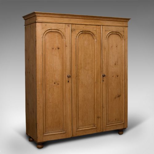 Antique Three Panel Wardrobe, English, Pine, Cupboard, Closet, Victorian, C.1900
