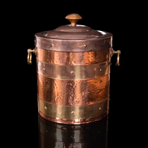 fig 1. Antique Fireside Bin, English, Copper, Brass, Decorative, Scuttle, Edwardian