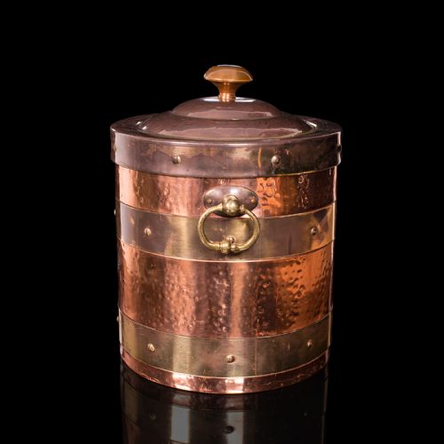 fig 4. Antique Fireside Bin, English, Copper, Brass, Decorative, Scuttle, Edwardian