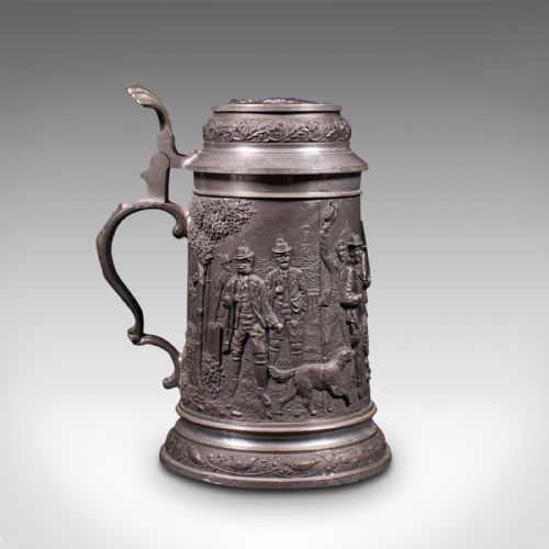 fig 1. Antique Bavarian Beer Stein, German, Pewter, Jug, Decorative Relief, Circa 1920