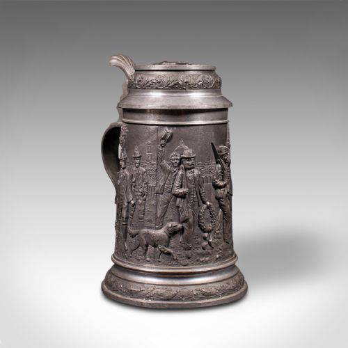 fig 2. Antique Bavarian Beer Stein, German, Pewter, Jug, Decorative Relief, Circa 1920