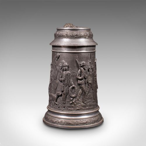 fig 3. Antique Bavarian Beer Stein, German, Pewter, Jug, Decorative Relief, Circa 1920