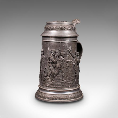 fig 4. Antique Bavarian Beer Stein, German, Pewter, Jug, Decorative Relief, Circa 1920
