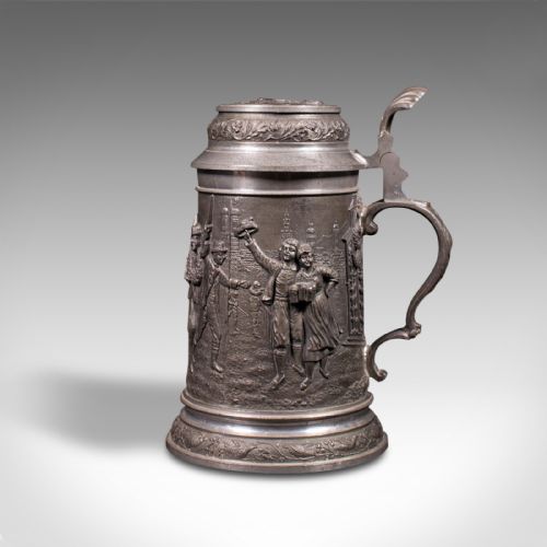 fig 5. Antique Bavarian Beer Stein, German, Pewter, Jug, Decorative Relief, Circa 1920